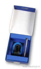 Geschenkverpackung Schreibset - Klappdeckelbox 216 blau/wei&szlig; mit Karton- und Schaumstoffeinlage